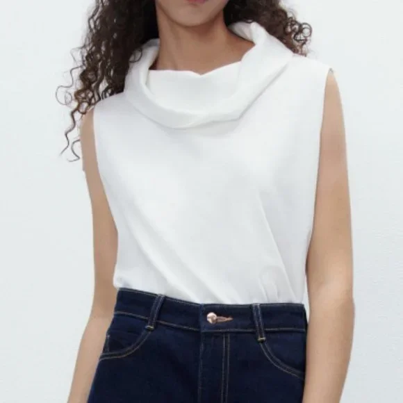 ZARA WHITE COWL NECK STRETCH DRAPED COLLAR BLOUSE - Picture 2 of 7